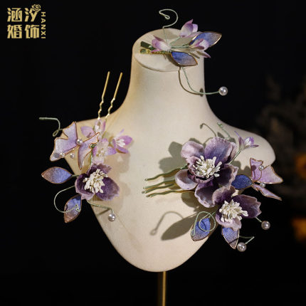 国风减龄甜美紫色绒花发叉发夹头饰中式古风晨袍汉服配饰古典头花