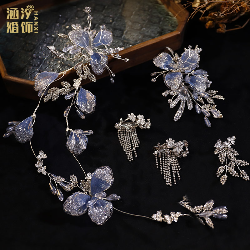涵汐新品奢华蓝色水晶花瓣头饰套装新娘主婚纱梦幻套装跟妆发饰品