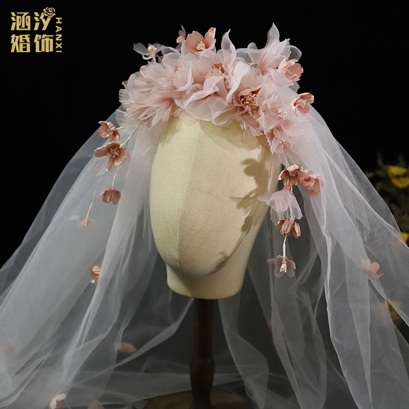 原创手作粉色烫花甜美新娘头饰头纱旅拍影楼写真领证头纱婚纱配饰