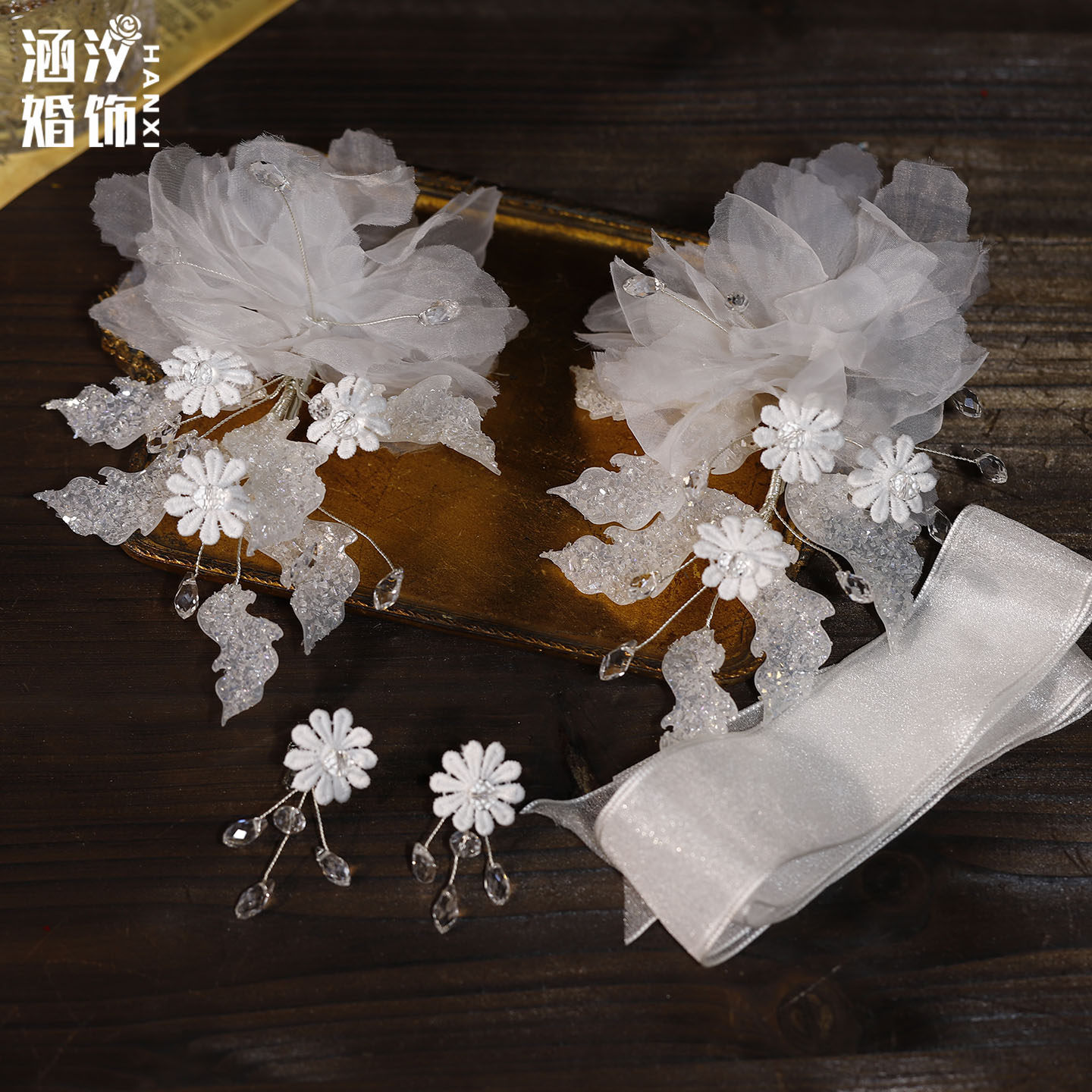 涵汐新娘简约甜美娟纱花朵对夹耳环发带套装韩式公主侧边夹发饰