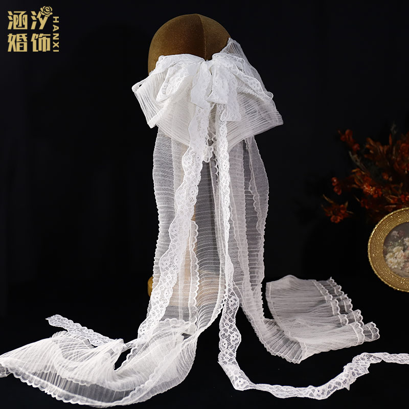 涵汐新款白色蕾丝花边长飘带新娘婚纱礼服影楼旅拍造型蝴蝶结头饰