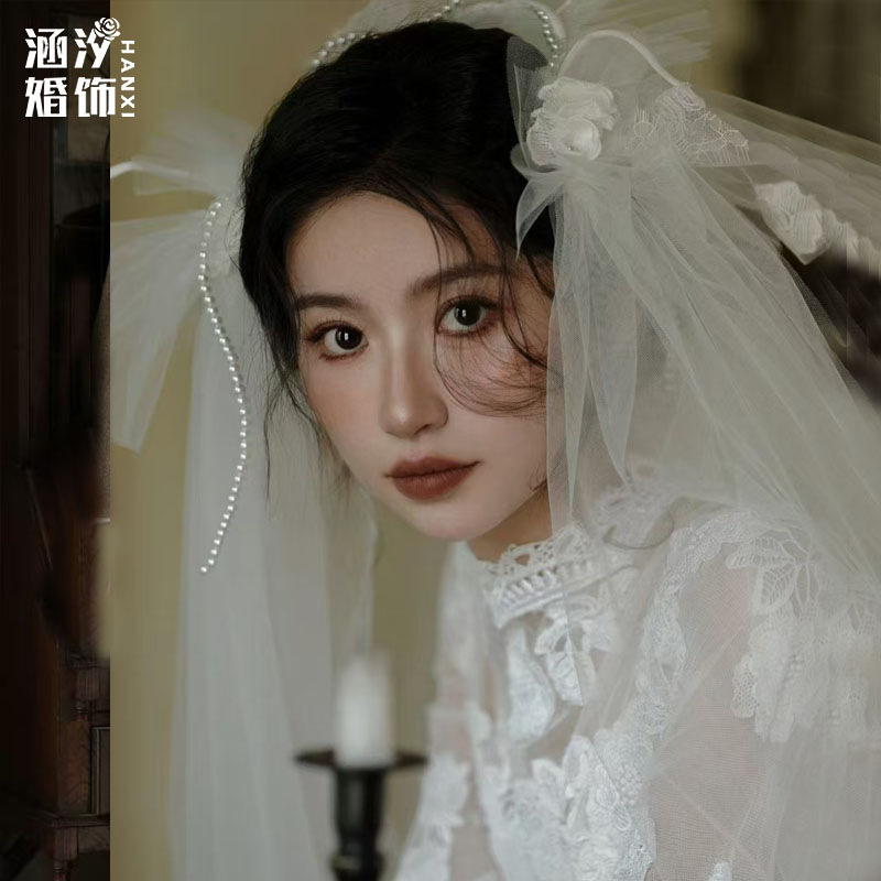 新款新娘头饰头纱法式复古珍珠蓬蓬头纱高级感气质百搭婚纱配饰