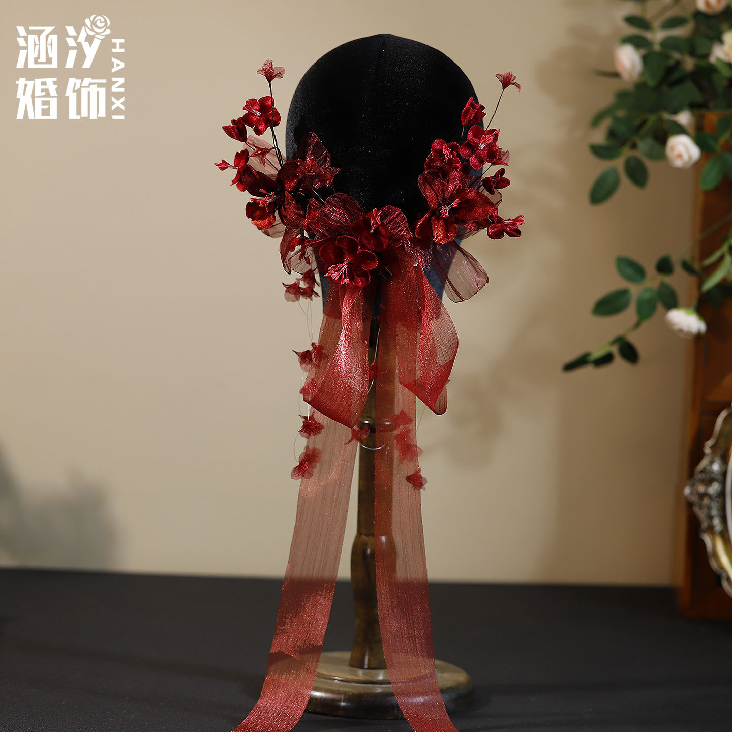 新娘头饰森系酒红色绢纱花朵流苏对夹发带套装敬酒服晨袍旗袍发饰