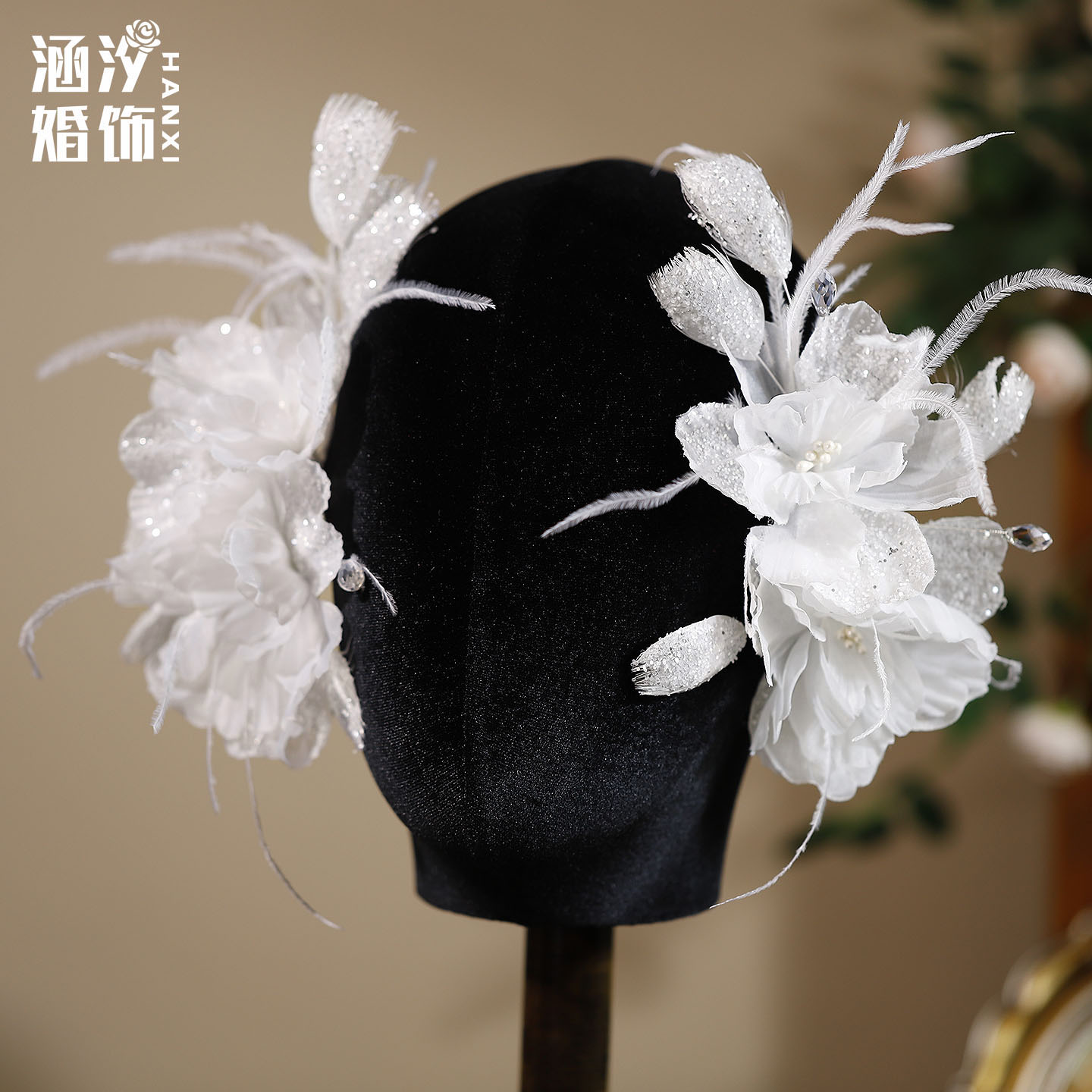 涵汐森系白色羽毛新娘头饰边夹