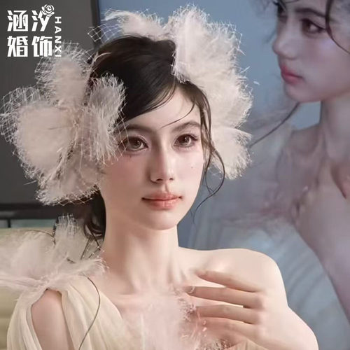 涵汐森系羽毛网纱新娘发饰头花