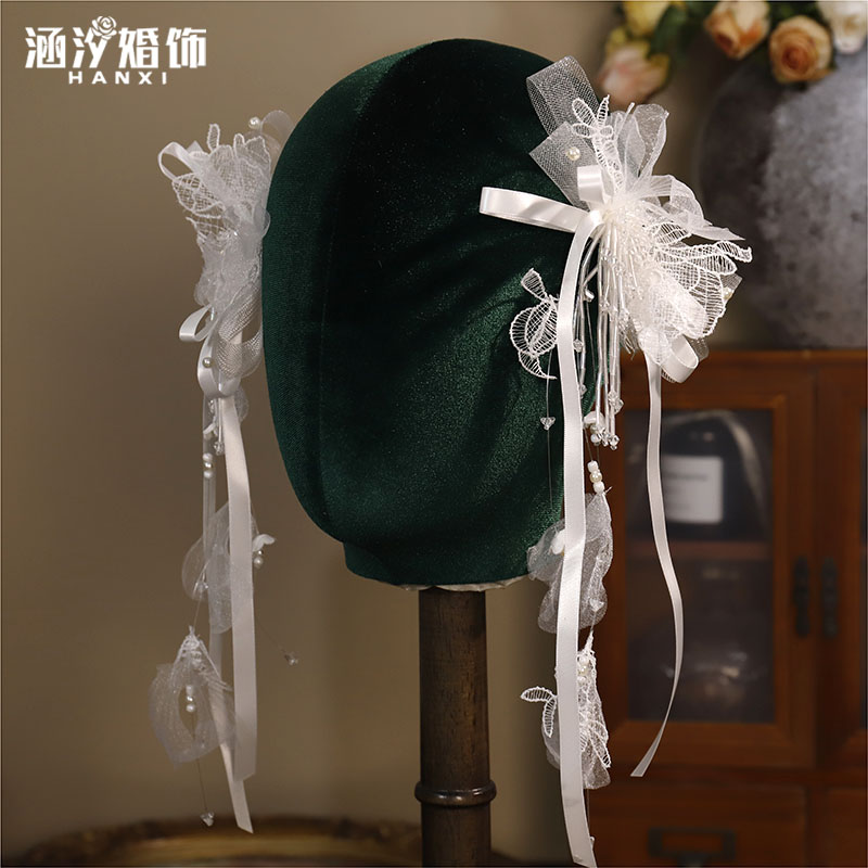 涵汐新款手工蕾丝飘带娟纱对夹