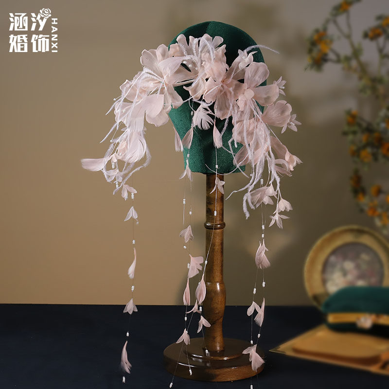 新款超仙粉色羽毛娟纱花朵发饰