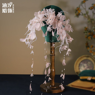 新款超仙粉色羽毛娟纱花朵长流苏头饰百搭甜美婚纱礼服造型配饰