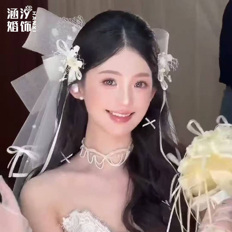 超仙白色大蝴蝶结发夹头纱头饰