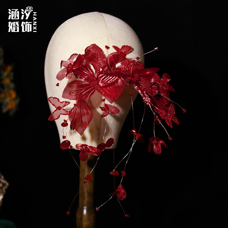 新款手工酒红色绢纱花流苏头饰