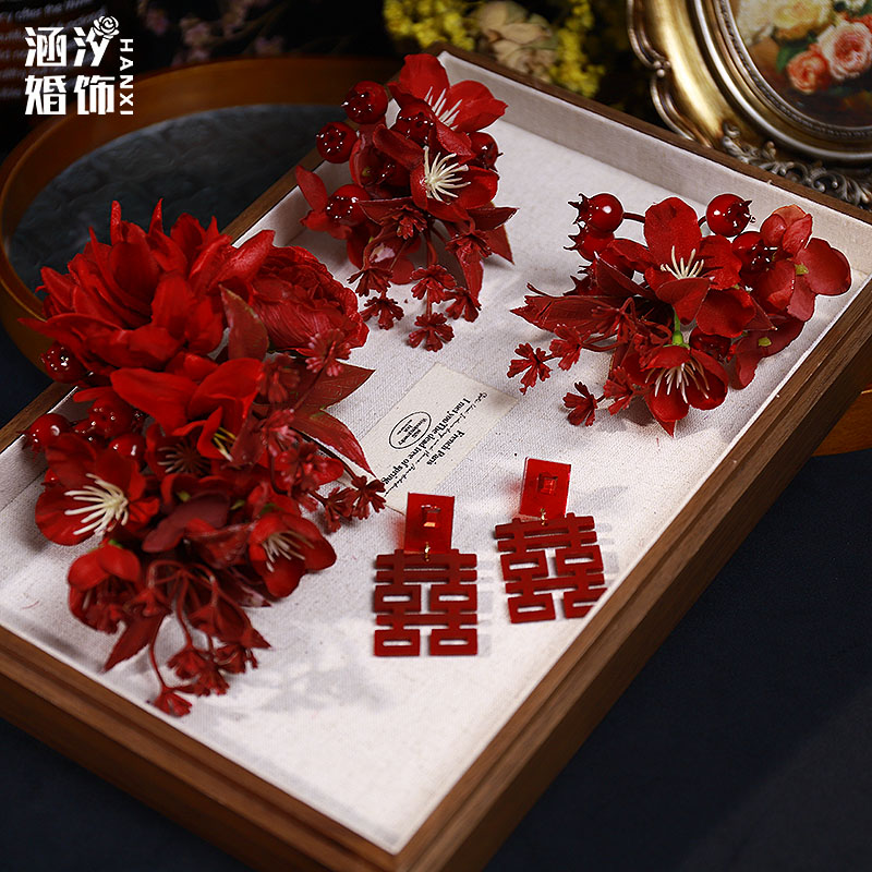 新中式新娘旗袍红色花朵发夹头饰