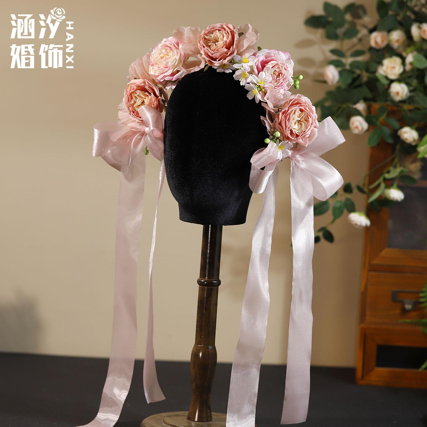 涵汐甜美粉色玫瑰蝴蝶结新娘发箍