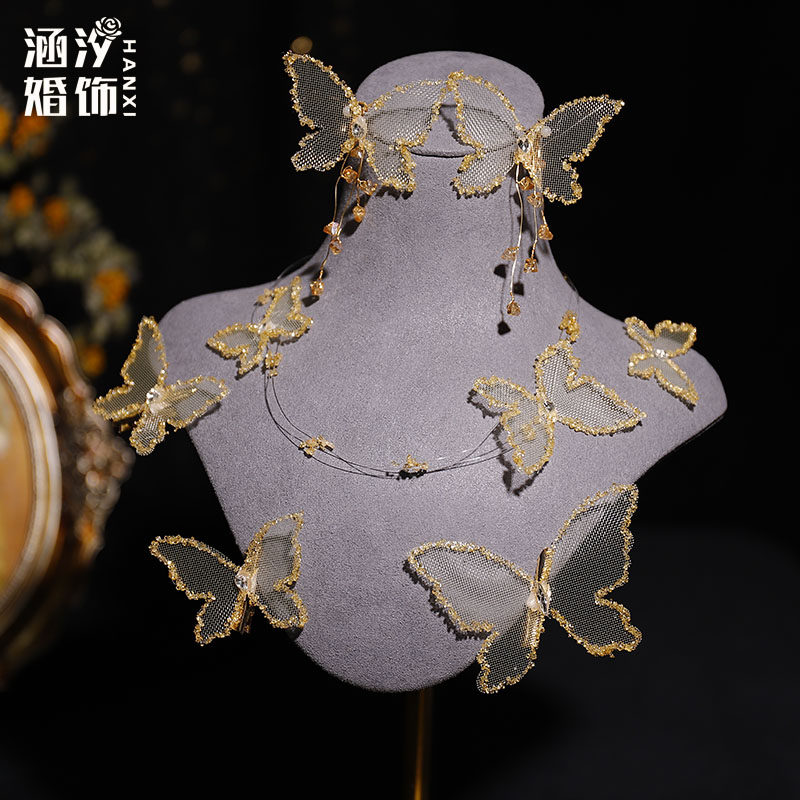 金色蝴蝶发夹项链耳环套装韩式