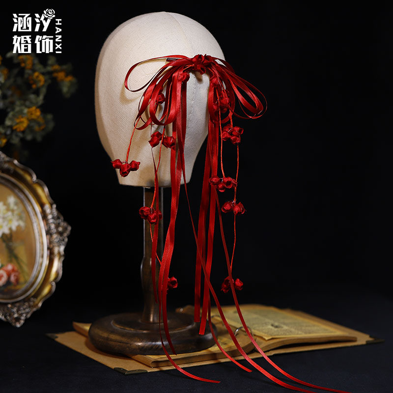 法式复古酒红色铃兰花丝带发夹