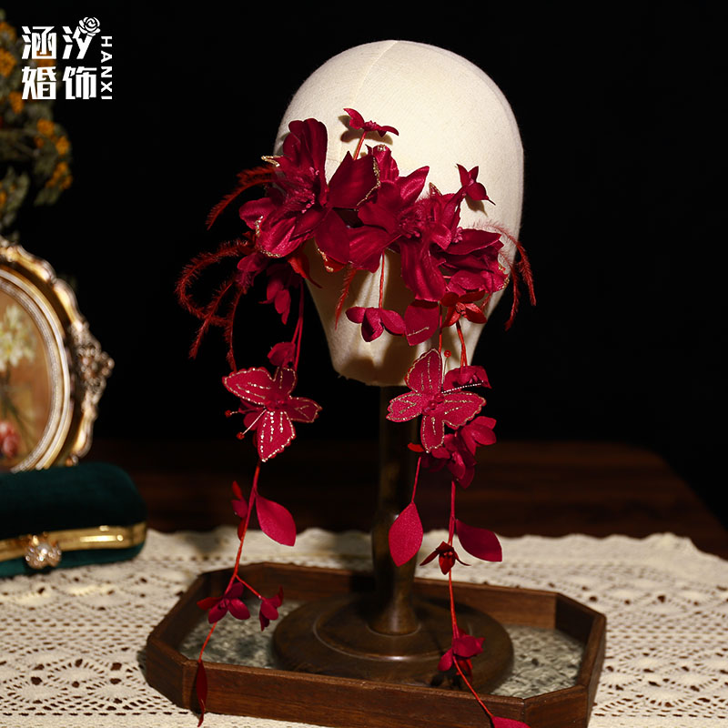 复古手工酒红色花朵敬酒服头饰