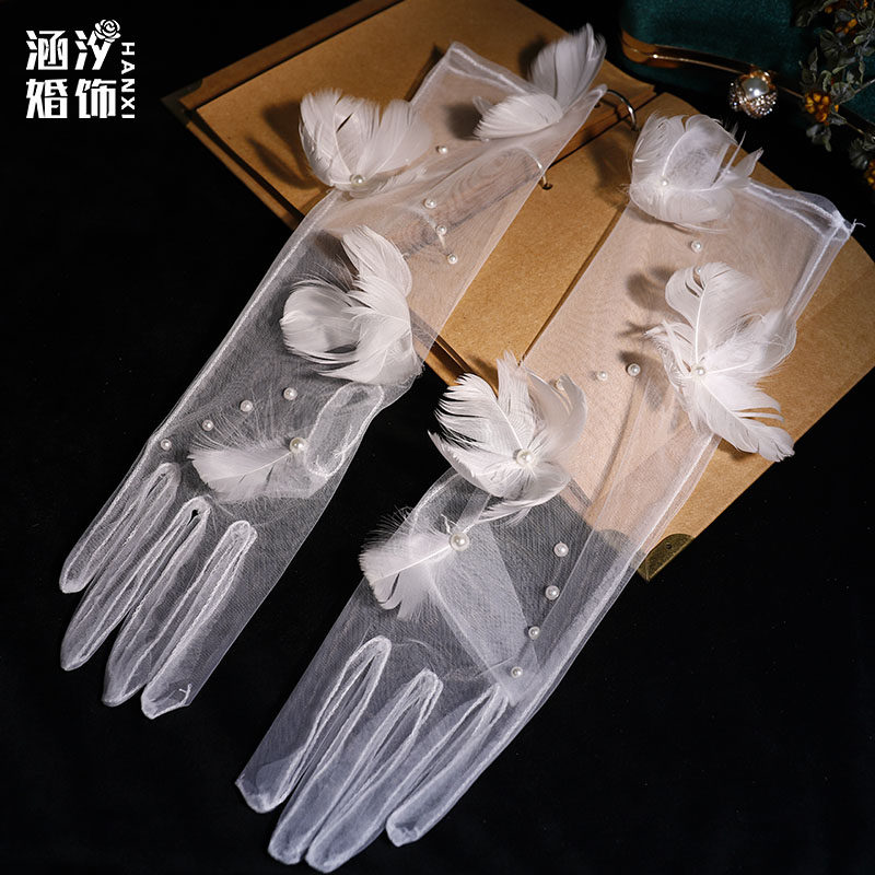森系超仙白色羽毛花朵薄款长手套新娘婚纱礼服配饰写真拍照道具