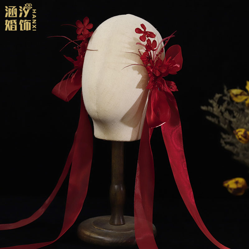 原创酒红色羽毛立体花朵长飘带蝴蝶结边夹头饰新娘结婚敬酒服配饰