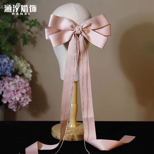 新款缎带粉色长飘带大蝴蝶结发夹新娘结婚领证宴会后脑勺发卡头饰