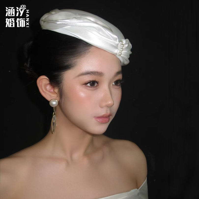 涵汐法式复古缎面珍珠新娘礼帽