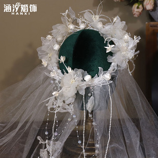 涵汐森系超仙绢纱蕾丝流苏花环头纱头饰结婚影楼旅游道具韩式配饰