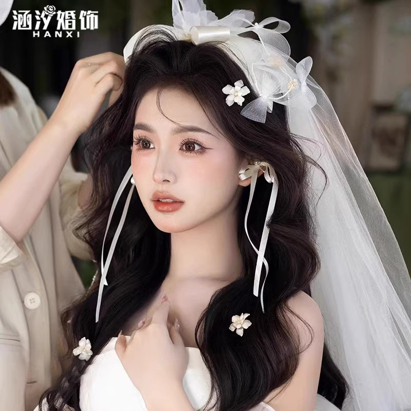 涵汐新款蝴蝶结甜美减龄头纱配饰