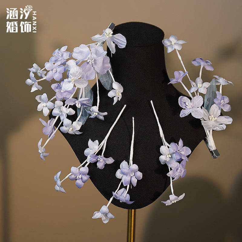 新款浅蓝紫色花朵发夹头饰套装