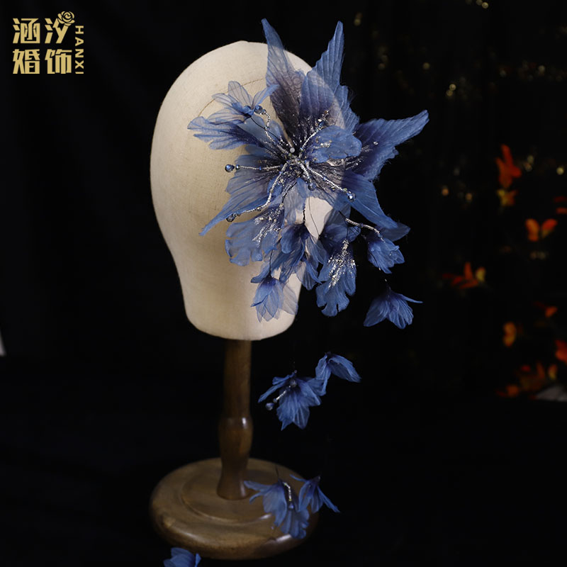 超仙蓝色绢纱闪亮花朵造型头饰影楼跟妆拍照写真演出发饰高级感