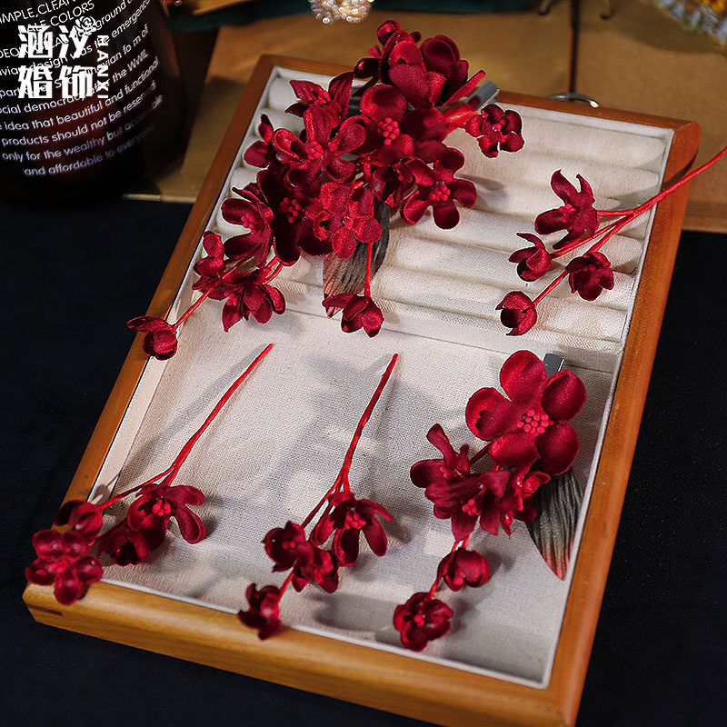 涵汐超仙酒红色花朵发夹头饰