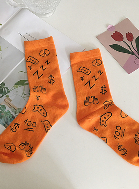 橘子学姐袜子女春秋季情侣中筒袜橙色街头ins潮夏天外穿男中长袜