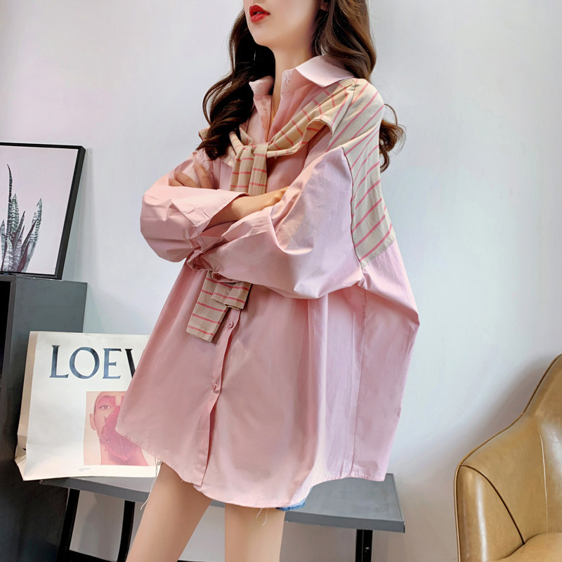 慵懒风披肩假两件衬衫女2020春新款韩版宽松中长款拼接条纹衬衣