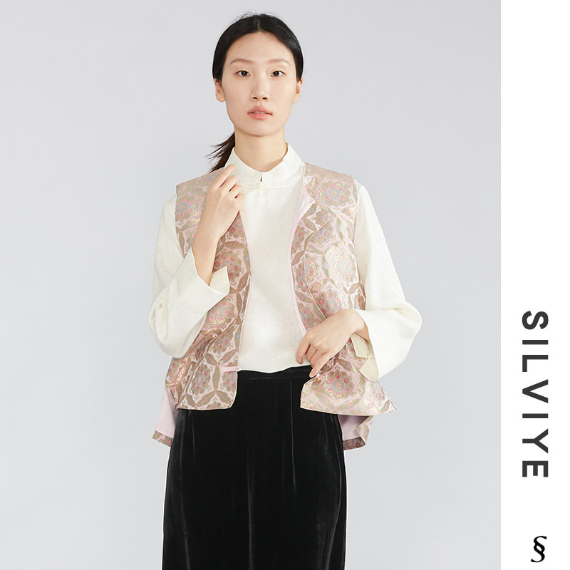 SILVIYE/溯也真丝宋锦新中式马甲桑蚕丝国风宽松圆领下摆开叉背心,女装/女士精品,马夹,淘宝优惠券,粉丝福利购,淘宝优惠卷