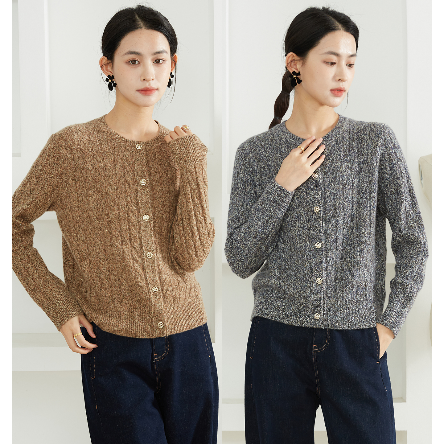 SILVIYE/溯也100%山羊绒花纱圆领绞花开衫圆领针织衫麻花羊绒衫冬