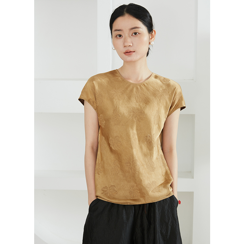 SILVIYE/溯也琥珀色双面穿真丝香云纱100%桑蚕丝花萝提花短袖上衣