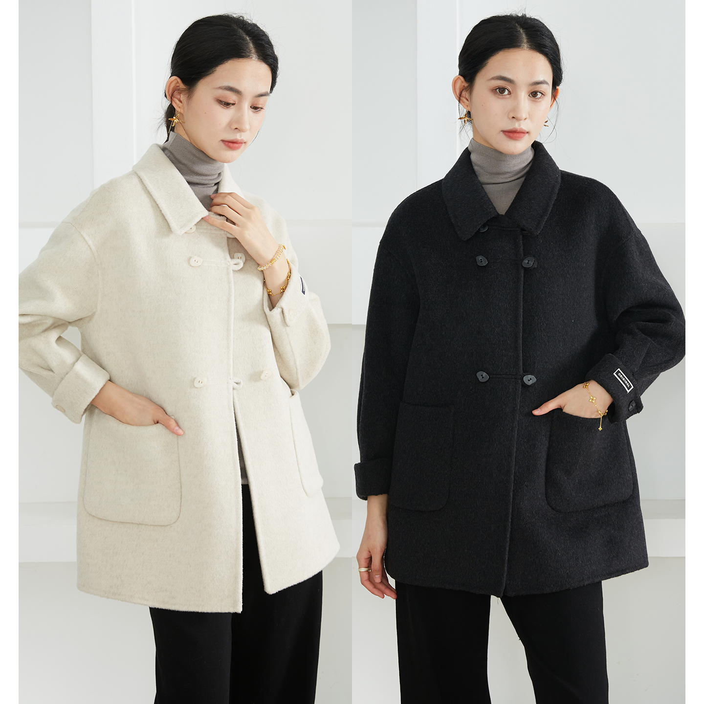 SILVIYE/溯也羊毛羊绒双排扣小翻领中长款毛呢大衣双面呢外套秋冬