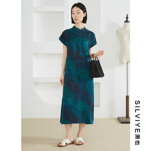 SILVIYE 溯也真丝香云纱改良旗袍连衣裙女100桑蚕丝立领收腰长裙