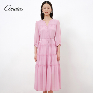 收腰显瘦七分袖 新款 长裙女 珂尼蒂思粉色连衣裙女夏季 CONATUS