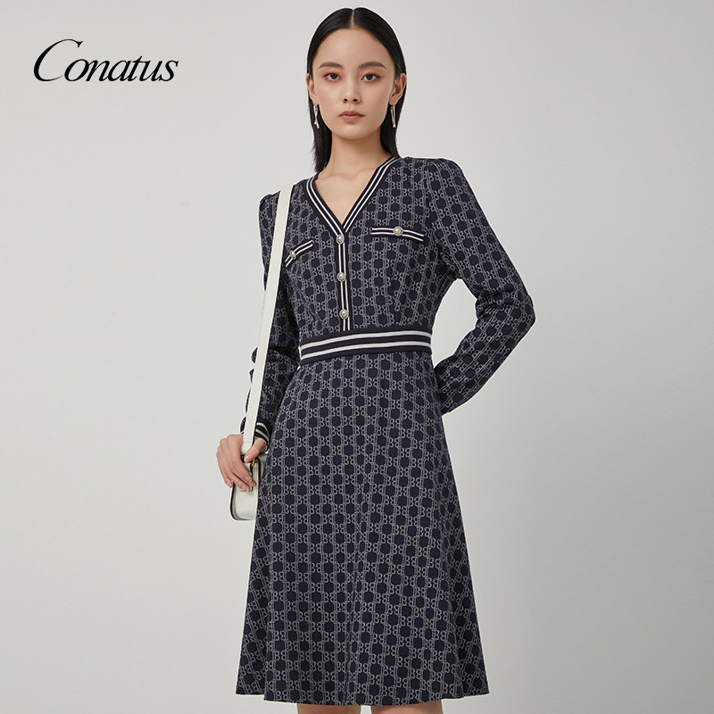 CONATUS/珂尼蒂思A字连衣裙冬季新款气质名媛优雅显瘦裙子女