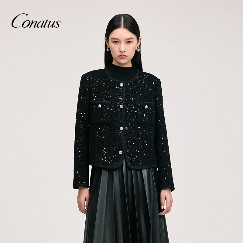 CONATUS/珂尼蒂思年秋季新款重工亮片显瘦粗花呢大衣女外套