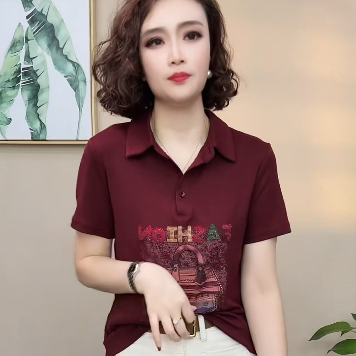 母亲节新款短袖t恤上衣女时尚减龄宽松遮肉妈妈装全棉夏装POLO衫