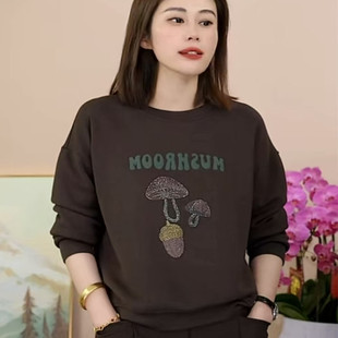 早秋新款中年女士卫衣圆领套头印花镶钻宽松薄款妈妈装春秋装上衣