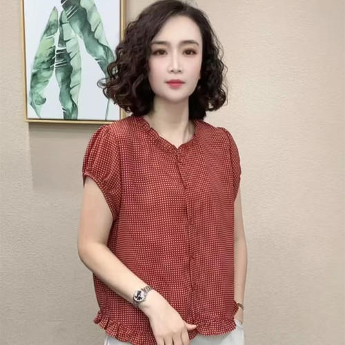 夏季短袖衬衫女休闲百搭小个子妈妈装花边木耳领薄款单排扣上衣棉