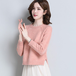 秋冬季圆领套头毛衣女短款宽松小个子配裙子的针织内搭打底衫百搭