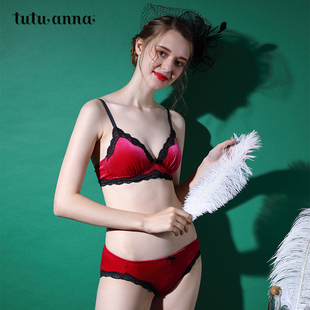 tutuanna文胸女 纯色性感丝绒蕾丝法式优雅无钢圈聚拢薄款文胸