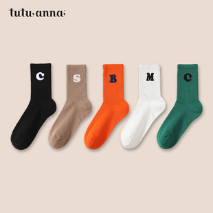 tutuanna女袜 棉质纯色字母图案刺绣街头风舒适透气潮流短袜