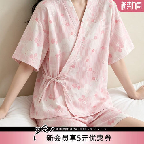tutuanna春夏日系睡衣睡裤女纯棉透气双层纱短袖睡裙家居服套装