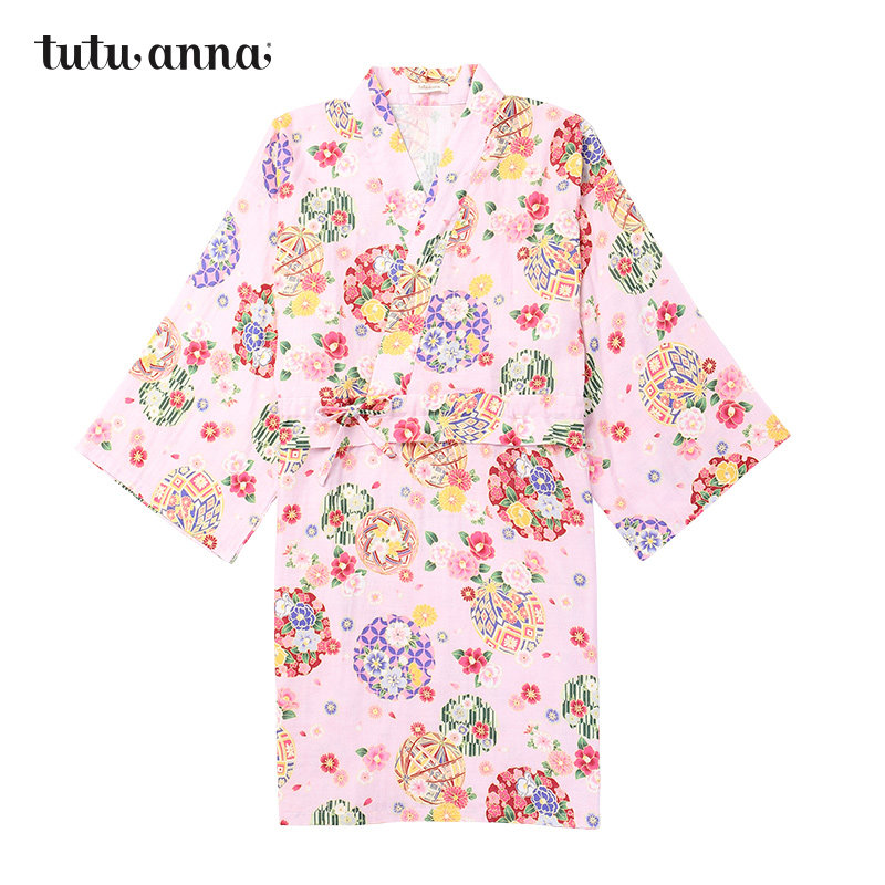 tutuanna睡裙家居服套装双层纱绣球满印可爱日系和风和服睡裙女