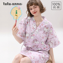 tutuanna全棉夏季睡衣女双层纱HelloKitty满印和服短袖睡裙家居服