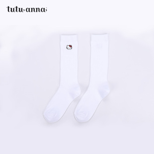 棉质女士袜子 简约时尚 tutuanna中筒袜女 纯色hellokitty刺绣秋季