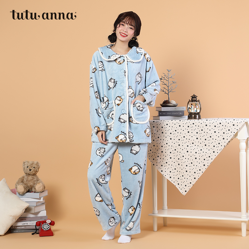 tutuanna珊瑚绒印花长裤保暖套装