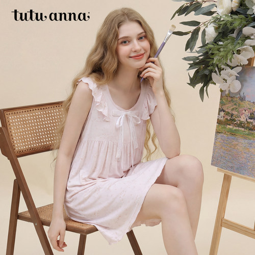 tutuanna睡衣女夏 针织小熊&花满印蕾丝长款无袖睡裙家居服女